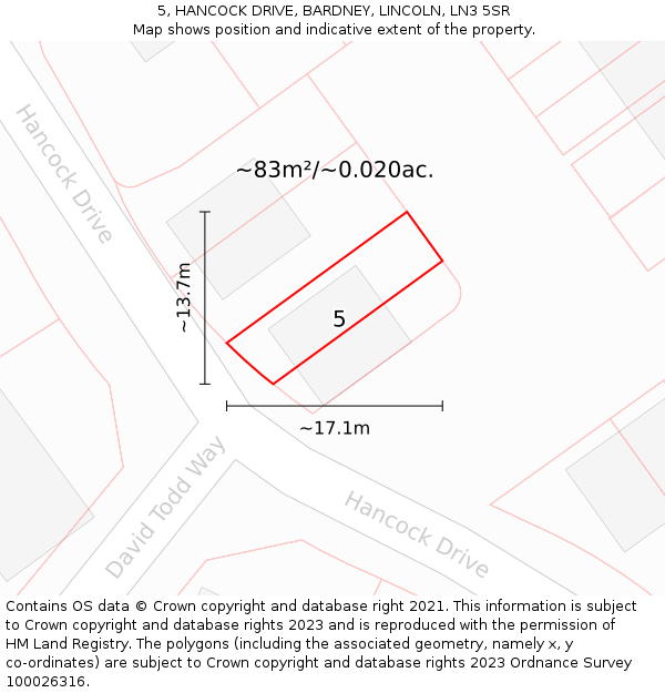 5, HANCOCK DRIVE, BARDNEY, LINCOLN, LN3 5SR: Plot and title map