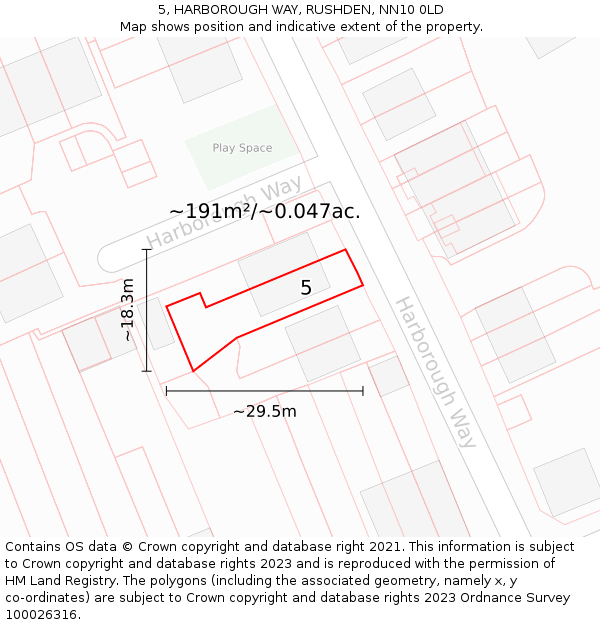 5, HARBOROUGH WAY, RUSHDEN, NN10 0LD: Plot and title map