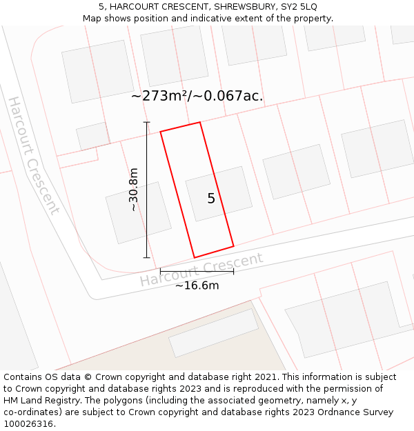 5, HARCOURT CRESCENT, SHREWSBURY, SY2 5LQ: Plot and title map