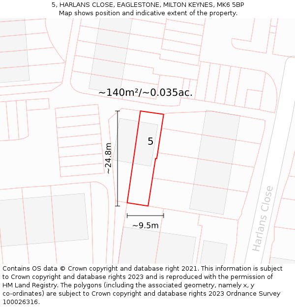 5, HARLANS CLOSE, EAGLESTONE, MILTON KEYNES, MK6 5BP: Plot and title map