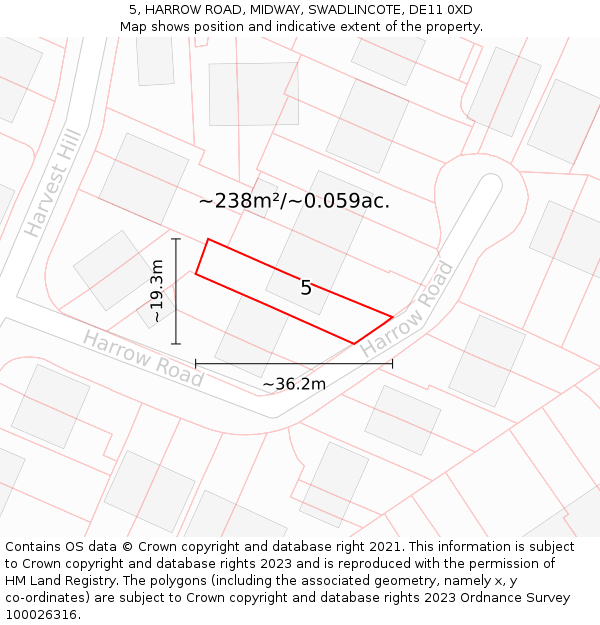 5, HARROW ROAD, MIDWAY, SWADLINCOTE, DE11 0XD: Plot and title map
