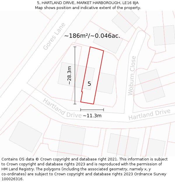 5, HARTLAND DRIVE, MARKET HARBOROUGH, LE16 8JA: Plot and title map