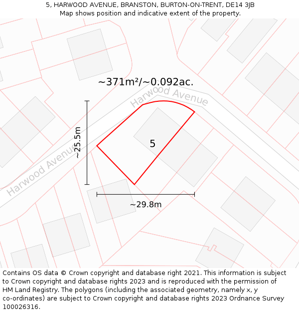 5, HARWOOD AVENUE, BRANSTON, BURTON-ON-TRENT, DE14 3JB: Plot and title map