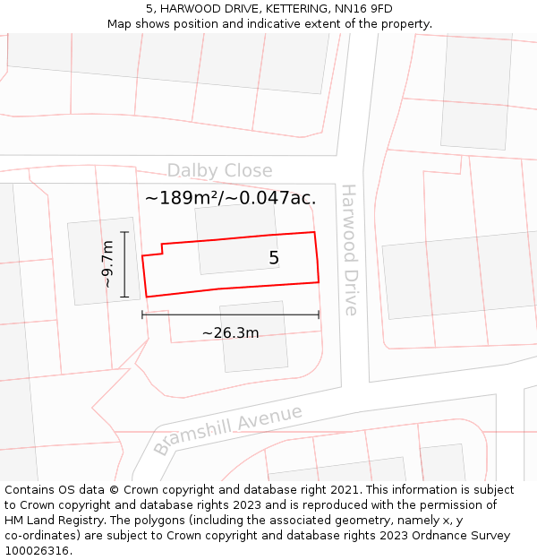 5, HARWOOD DRIVE, KETTERING, NN16 9FD: Plot and title map