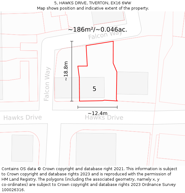 5, HAWKS DRIVE, TIVERTON, EX16 6WW: Plot and title map