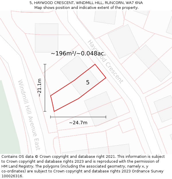 5, HAYWOOD CRESCENT, WINDMILL HILL, RUNCORN, WA7 6NA: Plot and title map