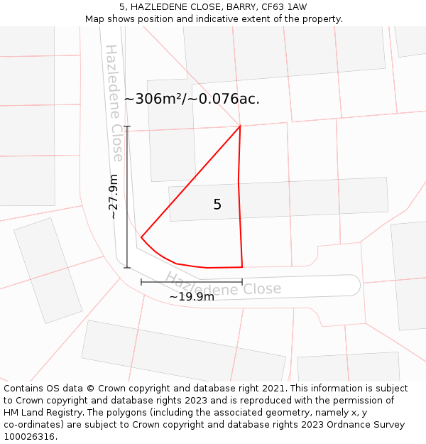 5, HAZLEDENE CLOSE, BARRY, CF63 1AW: Plot and title map