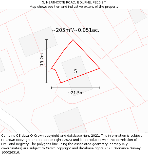 5, HEATHCOTE ROAD, BOURNE, PE10 9JT: Plot and title map