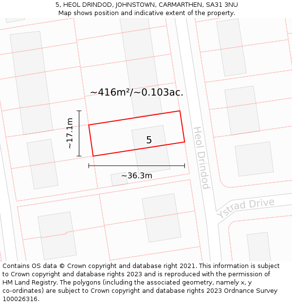 5, HEOL DRINDOD, JOHNSTOWN, CARMARTHEN, SA31 3NU: Plot and title map