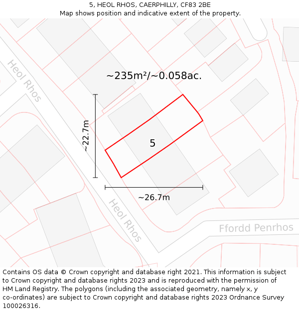 5, HEOL RHOS, CAERPHILLY, CF83 2BE: Plot and title map