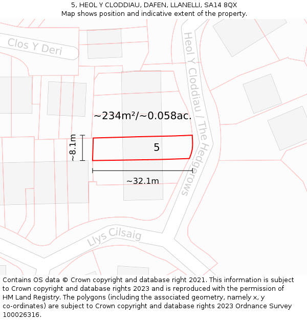 5, HEOL Y CLODDIAU, DAFEN, LLANELLI, SA14 8QX: Plot and title map