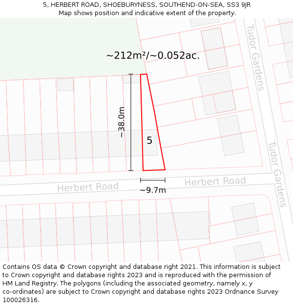 5, HERBERT ROAD, SHOEBURYNESS, SOUTHEND-ON-SEA, SS3 9JR: Plot and title map