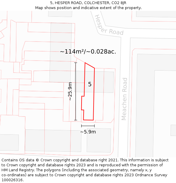 5, HESPER ROAD, COLCHESTER, CO2 8JR: Plot and title map