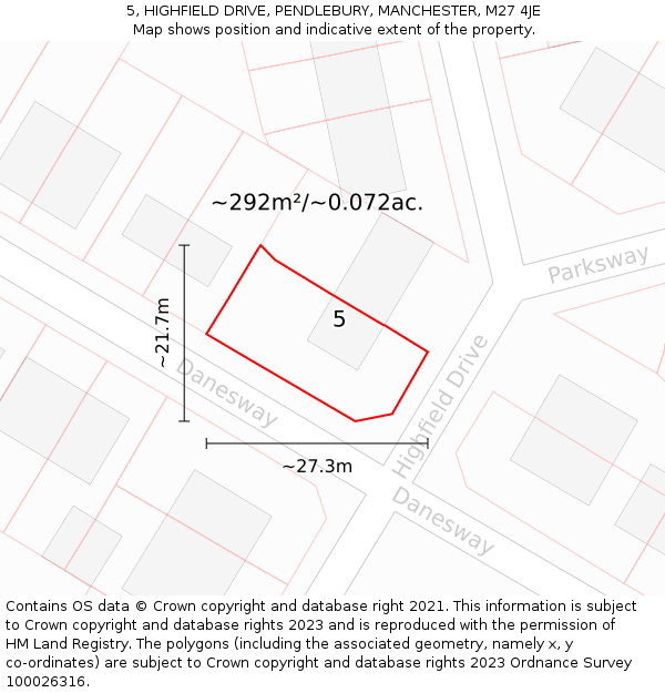 5, HIGHFIELD DRIVE, PENDLEBURY, MANCHESTER, M27 4JE: Plot and title map