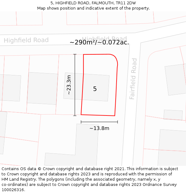 5, HIGHFIELD ROAD, FALMOUTH, TR11 2DW: Plot and title map