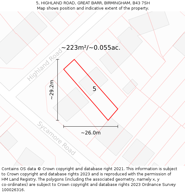 5, HIGHLAND ROAD, GREAT BARR, BIRMINGHAM, B43 7SH: Plot and title map