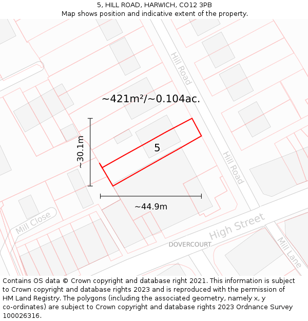 5, HILL ROAD, HARWICH, CO12 3PB: Plot and title map