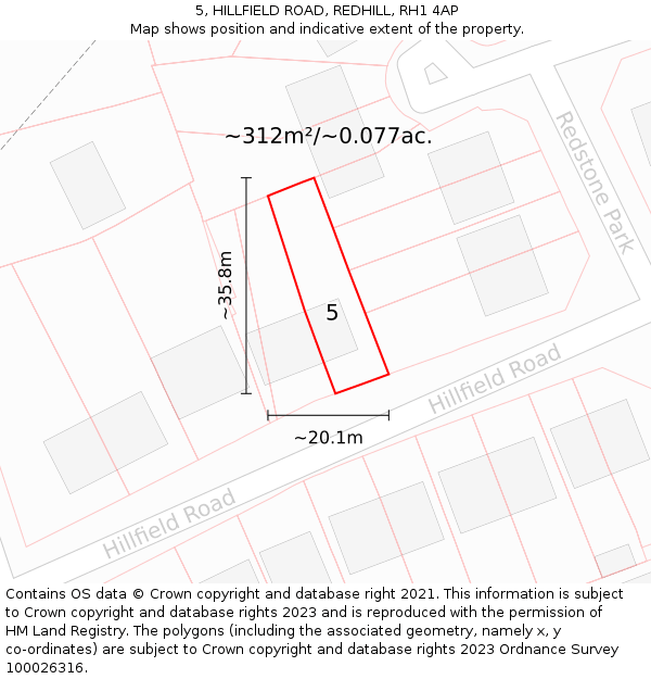 5, HILLFIELD ROAD, REDHILL, RH1 4AP: Plot and title map