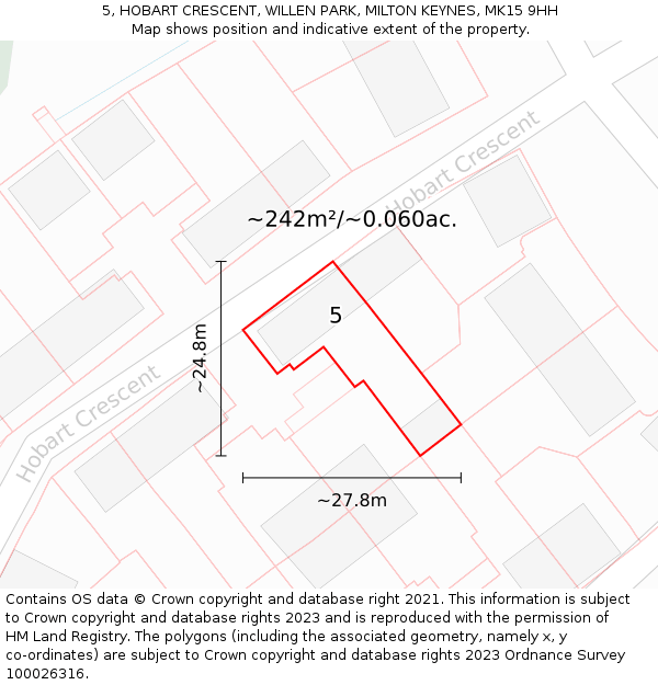 5, HOBART CRESCENT, WILLEN PARK, MILTON KEYNES, MK15 9HH: Plot and title map