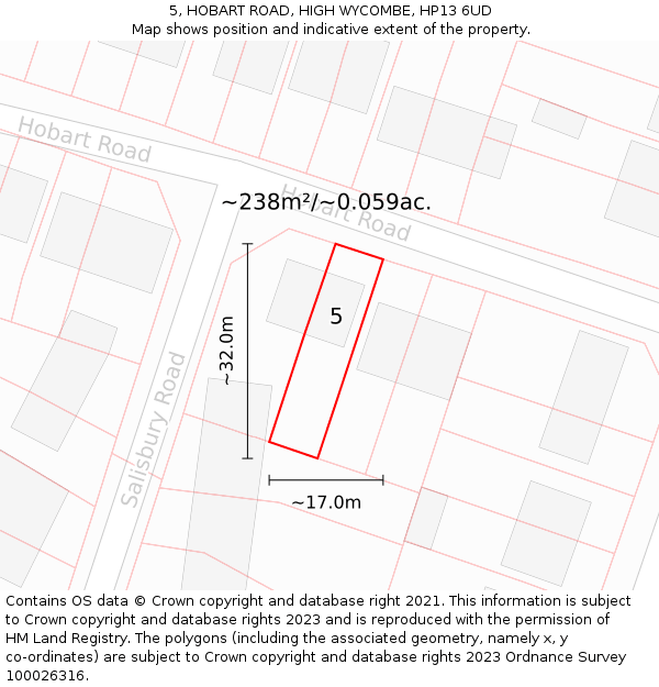 5, HOBART ROAD, HIGH WYCOMBE, HP13 6UD: Plot and title map