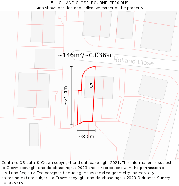 5, HOLLAND CLOSE, BOURNE, PE10 9HS: Plot and title map