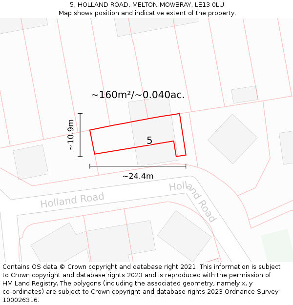 5, HOLLAND ROAD, MELTON MOWBRAY, LE13 0LU: Plot and title map