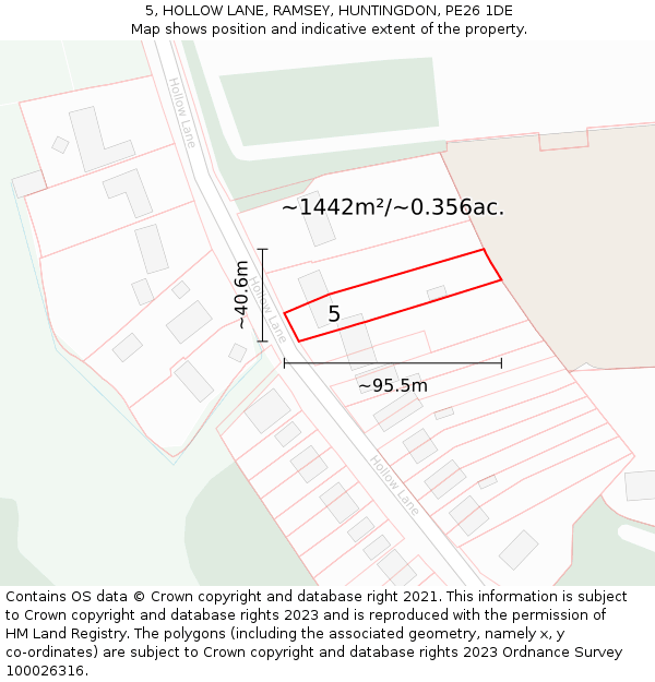 5, HOLLOW LANE, RAMSEY, HUNTINGDON, PE26 1DE: Plot and title map