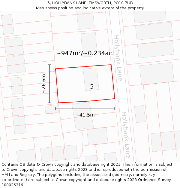 5, HOLLYBANK LANE, EMSWORTH, PO10 7UD: Plot and title map