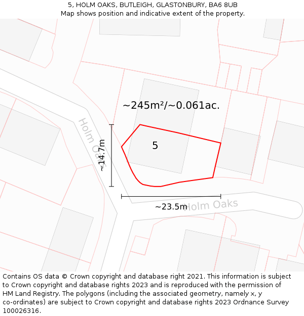 5, HOLM OAKS, BUTLEIGH, GLASTONBURY, BA6 8UB: Plot and title map