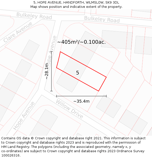 5, HOPE AVENUE, HANDFORTH, WILMSLOW, SK9 3DL: Plot and title map