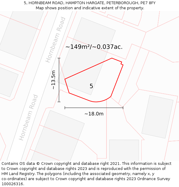 5, HORNBEAM ROAD, HAMPTON HARGATE, PETERBOROUGH, PE7 8FY: Plot and title map