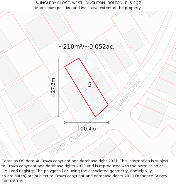 5, INGLEBY CLOSE, WESTHOUGHTON, BOLTON, BL5 3QZ: Plot and title map