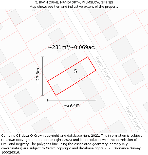 5, IRWIN DRIVE, HANDFORTH, WILMSLOW, SK9 3JS: Plot and title map