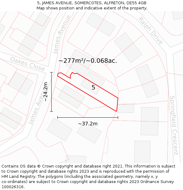 5, JAMES AVENUE, SOMERCOTES, ALFRETON, DE55 4GB: Plot and title map