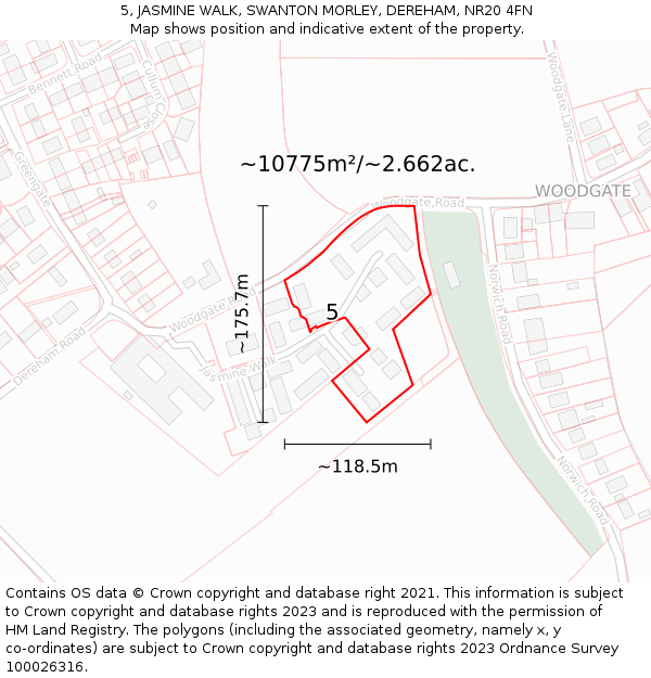 5, JASMINE WALK, SWANTON MORLEY, DEREHAM, NR20 4FN: Plot and title map
