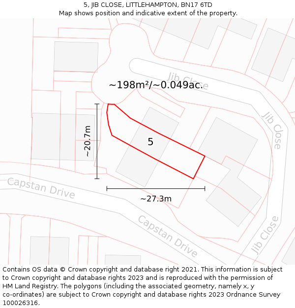 5, JIB CLOSE, LITTLEHAMPTON, BN17 6TD: Plot and title map