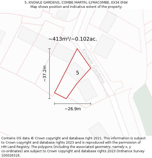 5, KNOWLE GARDENS, COMBE MARTIN, ILFRACOMBE, EX34 0NW: Plot and title map