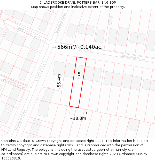 5, LADBROOKE DRIVE, POTTERS BAR, EN6 1QP: Plot and title map