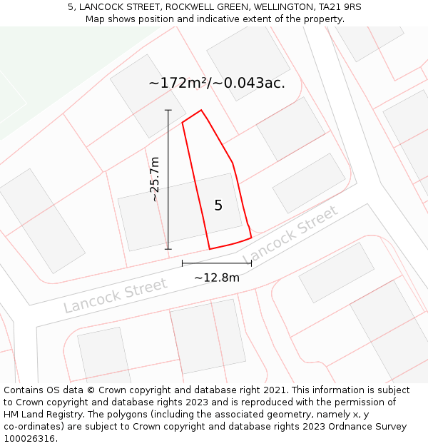 5, LANCOCK STREET, ROCKWELL GREEN, WELLINGTON, TA21 9RS: Plot and title map