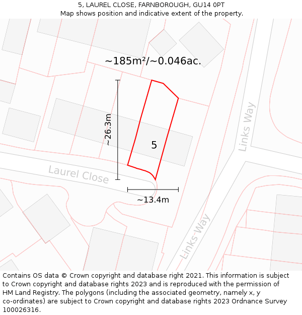 5, LAUREL CLOSE, FARNBOROUGH, GU14 0PT: Plot and title map