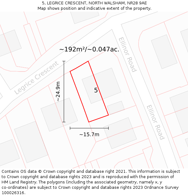 5, LEGRICE CRESCENT, NORTH WALSHAM, NR28 9AE: Plot and title map