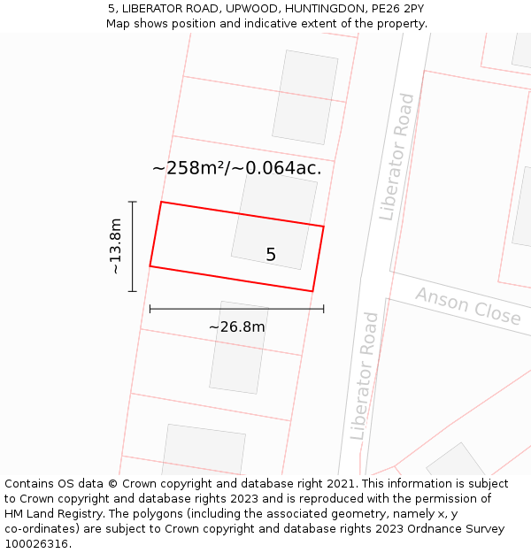 5, LIBERATOR ROAD, UPWOOD, HUNTINGDON, PE26 2PY: Plot and title map