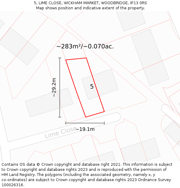 5, LIME CLOSE, WICKHAM MARKET, WOODBRIDGE, IP13 0RS: Plot and title map