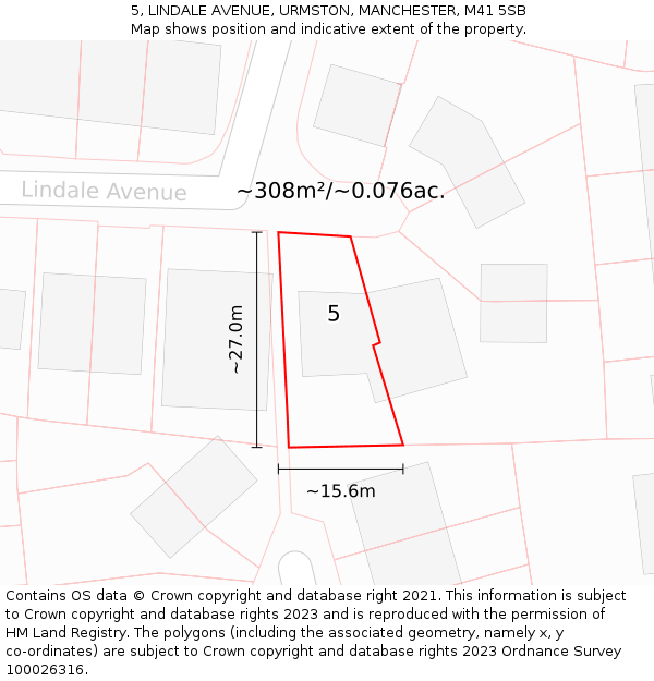 5, LINDALE AVENUE, URMSTON, MANCHESTER, M41 5SB: Plot and title map