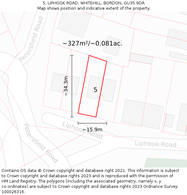 5, LIPHOOK ROAD, WHITEHILL, BORDON, GU35 9DA: Plot and title map