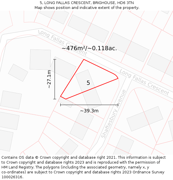 5, LONG FALLAS CRESCENT, BRIGHOUSE, HD6 3TN: Plot and title map