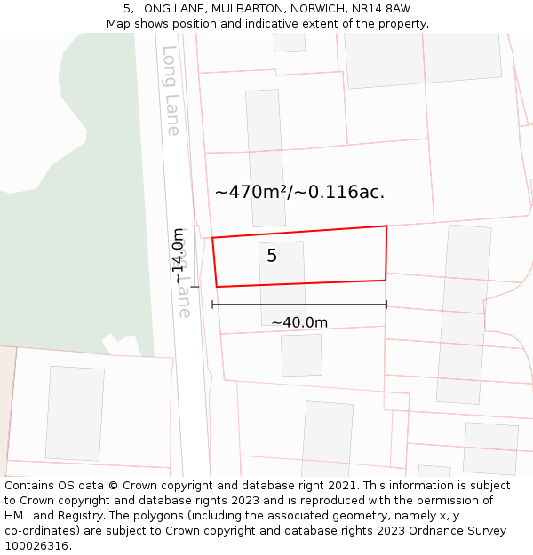 5, LONG LANE, MULBARTON, NORWICH, NR14 8AW: Plot and title map