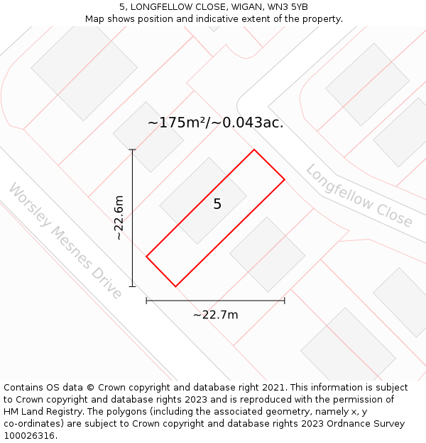 5, LONGFELLOW CLOSE, WIGAN, WN3 5YB: Plot and title map