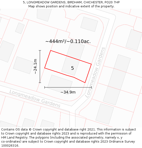 5, LONGMEADOW GARDENS, BIRDHAM, CHICHESTER, PO20 7HP: Plot and title map