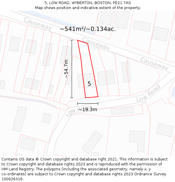 5, LOW ROAD, WYBERTON, BOSTON, PE21 7AS: Plot and title map